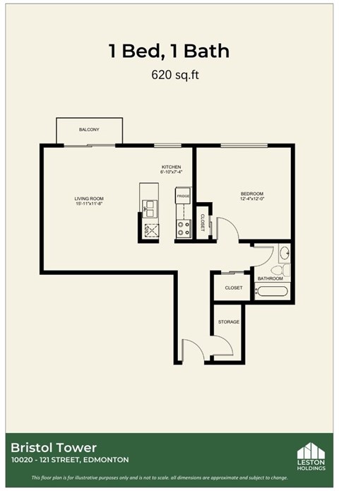 Floor plan for 1 bed, 1 bath